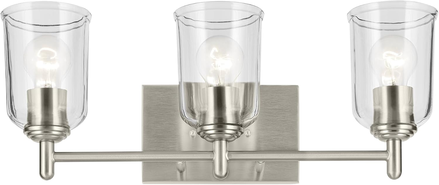 KICHLER Shailene 21' 3-Light Vanity Light with Clear Glass in Brushed Nickel, Use as Single or in Multiple, for Vanities, (21' x 8.25'), 45574NICLR