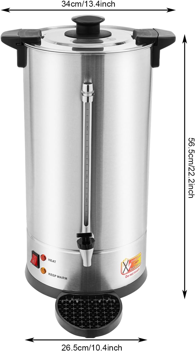 25L Stainless Steel Coffee Urn, Commercial Electric Hot Water Dispenser with Dripping Tray, No-Temp-Knob Silver Boiler for Catering Party Church Office, Large Capacity Percolator Brewer, Coffee Maker