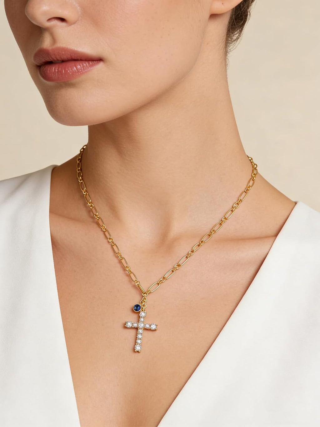 Cross Necklace for Women 14K Gold Birthstone Anniversary Birthday Gift for Wife Mom Protection Christian Jewelry Adjustable Chain