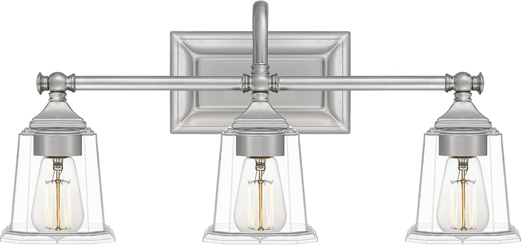 Quoizel Nicholas Vanity Lights, 22 Inch 3-Light Brushed Nickel Bathroom Lighting Fixtures Over Mirror, 100W, Clear Glass, Mid-Century Wall Mount Light for Bathrooms, Kitchen or Hallway