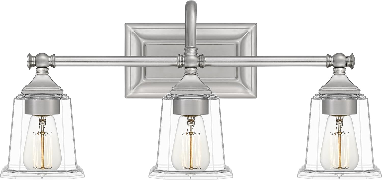 Quoizel Nicholas Vanity Lights, 22 Inch 3-Light Brushed Nickel Bathroom Lighting Fixtures Over Mirror, 100W, Clear Glass, Mid-Century Wall Mount Light for Bathrooms, Kitchen or Hallway