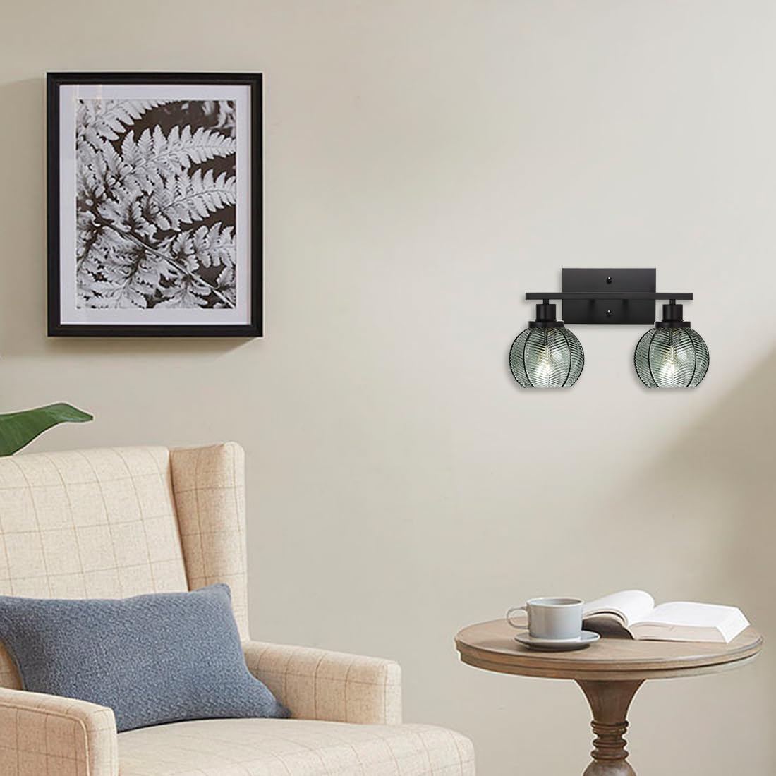 Set of 2 Wall Sconces for Bathroom Modern Vanity Light Fixtures 2-Light Black Wall Sconce with Green Glass Shade Farmhouse Wall Lights for Bedroom Living Room