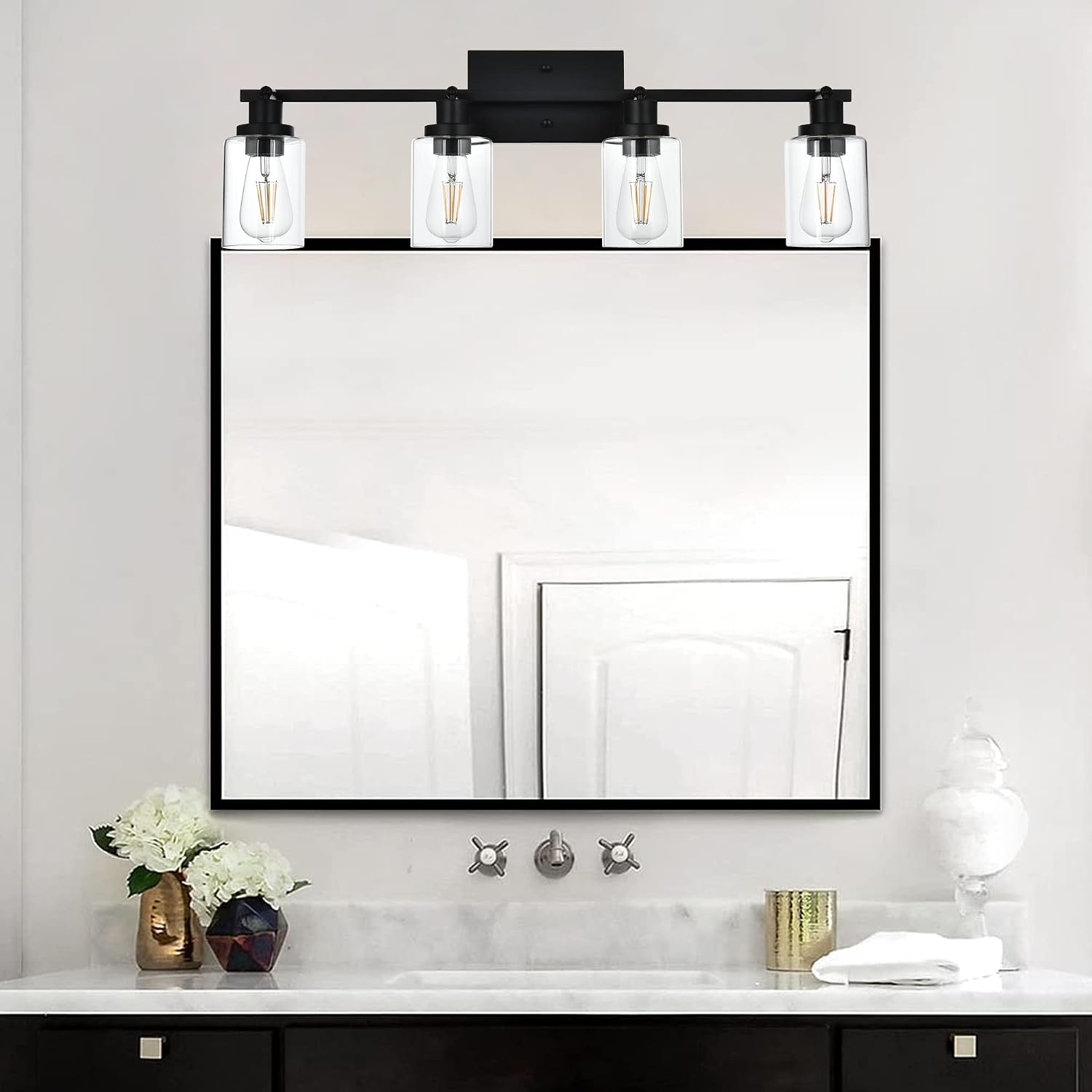 MELUCEE 4 Light Track Lighting Kit 28.7 Inch Bathroom Light Fixtures Matte Black Ceiling Spotlight Fixture for Hallway Foyer Bath Storage, Clear Glass Shade
