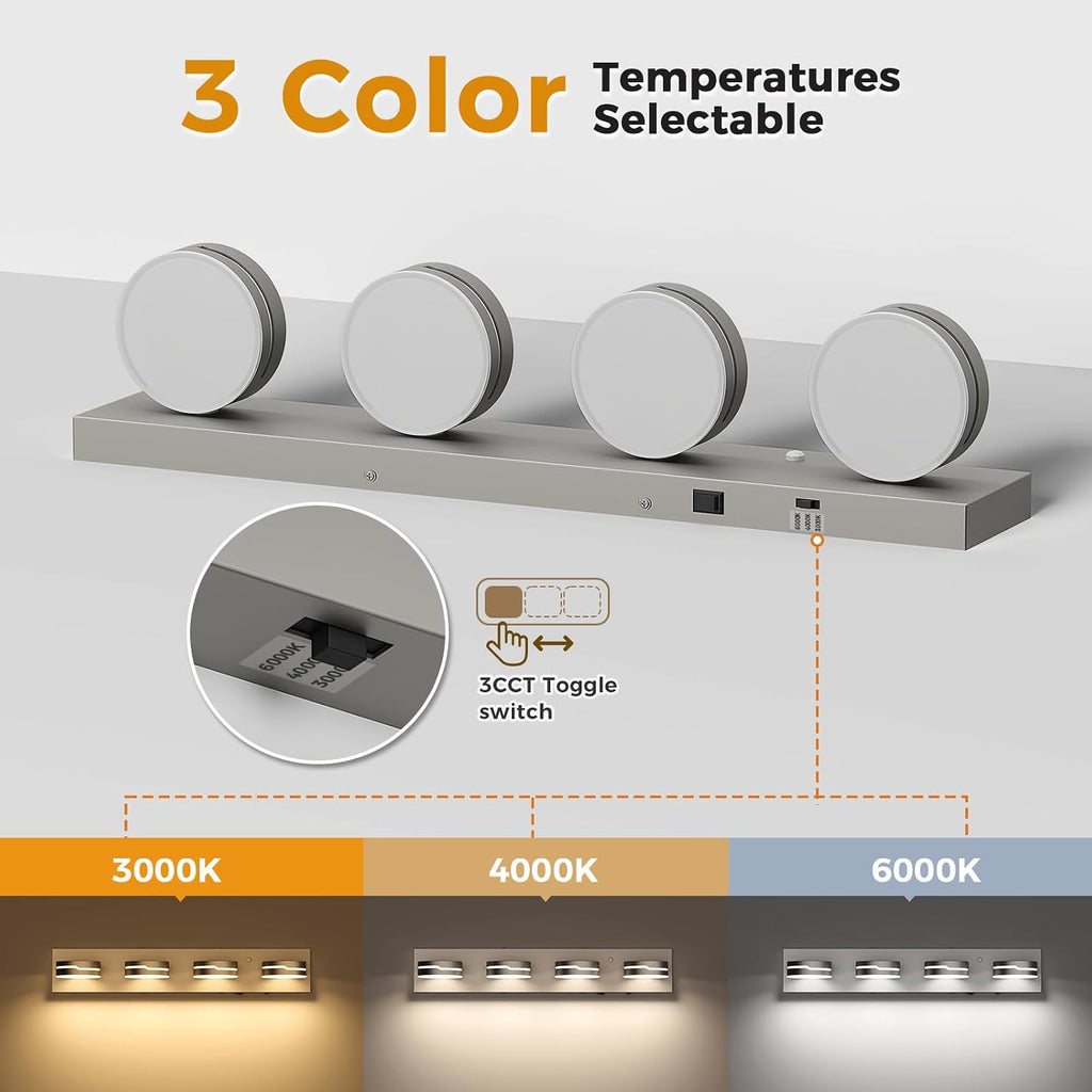 26' Motion Sensor Vanity Light Brushed Nickel, 3CCT 4-Light Modern LED Bathroom Lighting Fixtures Over Mirror, Dimmable Rotatable Head Wall Sconce, 3000K-6000K Color Selectable