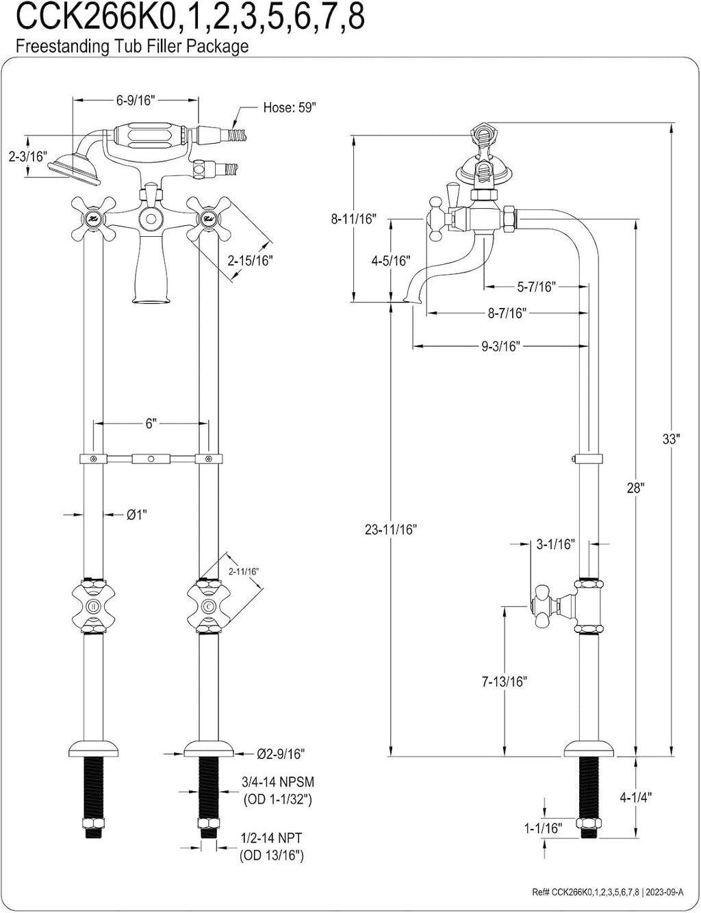 Kingston Brass CCK266K0 Kingston Freestanding Tub Faucet with Supply Line and Stop Valve, Matte Black