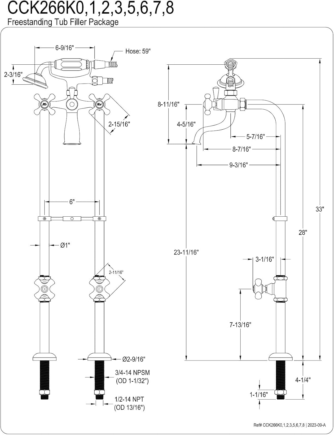 Kingston Brass CCK266K3 Kingston Freestanding Tub Faucet with Supply Line and Stop Valve, Antique Brass