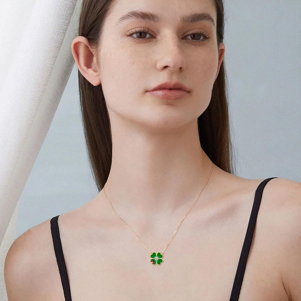 Aihpos Four Leaf Clover Necklace for Women 14K Solid Gold Green Lucky 4 Leaf Clover Necklace Ladybug Necklace