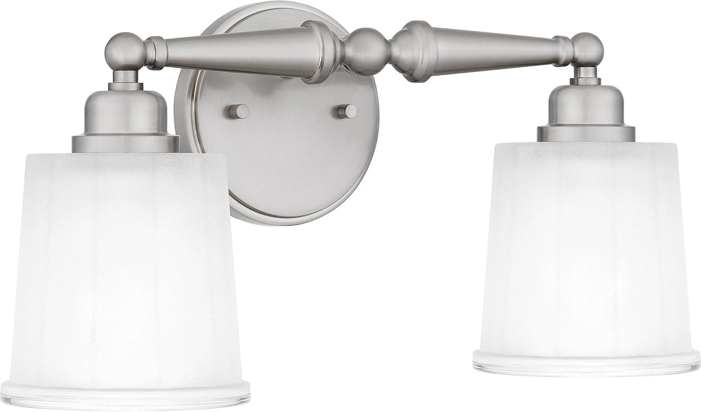 Quoizel Cecilia Bath Vanity Lights,16 Inch 2-Light Brushed Nickel Bathroom Lighting Fixtures Over Mirror, Sandblasted Ribbed Glass Shades, Wall Mount Light for Bathrooms