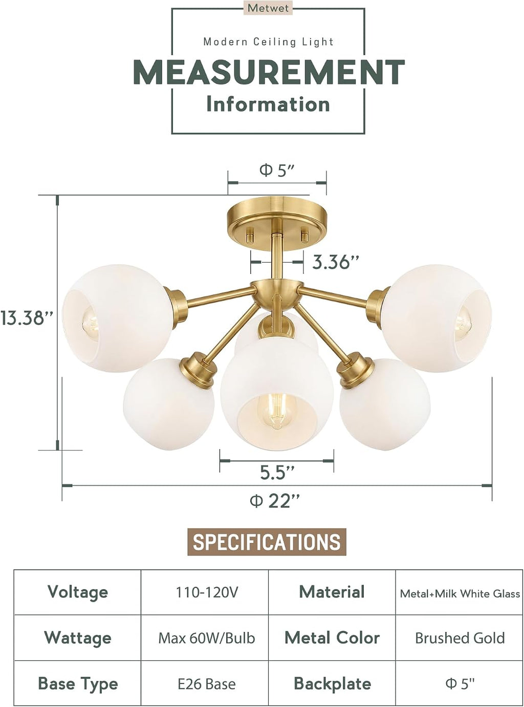 6-Light Semi Flush Mount Ceiling Light, 22' Modern Light Fixtures Ceiling Mount with Globe Milk White Glass Shade, Brushed Gold Light Fixtures for Kitchen Entryway Bedroom, SM195-BG-ML-6