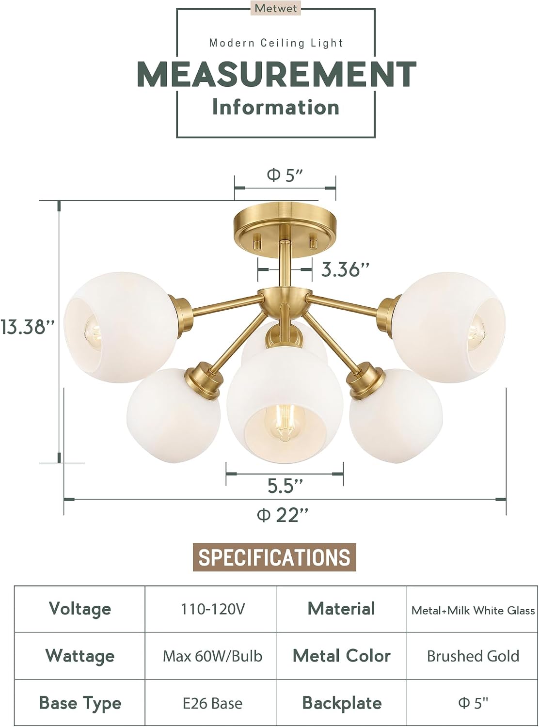 6-Light Semi Flush Mount Ceiling Light, 22' Modern Light Fixtures Ceiling Mount with Globe Milk White Glass Shade, Brushed Gold Light Fixtures for Kitchen Entryway Bedroom, SM195-BG-ML-6