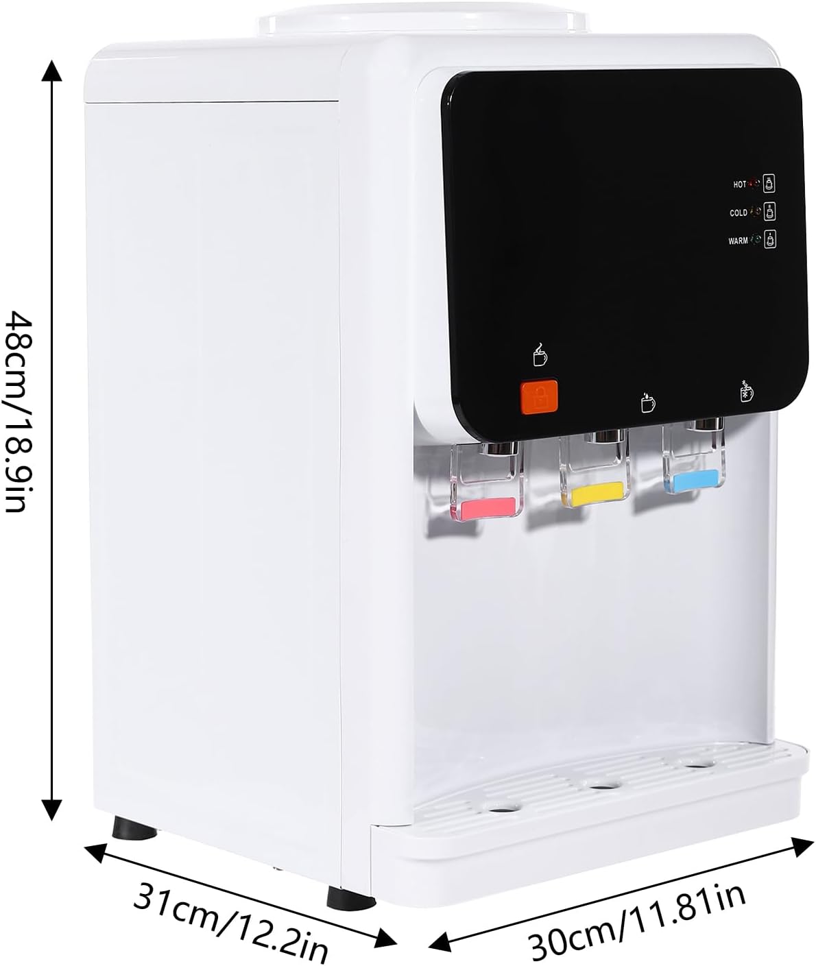 Countertop Hot and Cold Water Cooler Dispenser 575W Top Loading Tabletop Water Cooler Dispenser with 3 Water Outlets, Detachable Bucket Seat & Drip Tray, Safety Lock for 1.2-5 Gallon Bottle