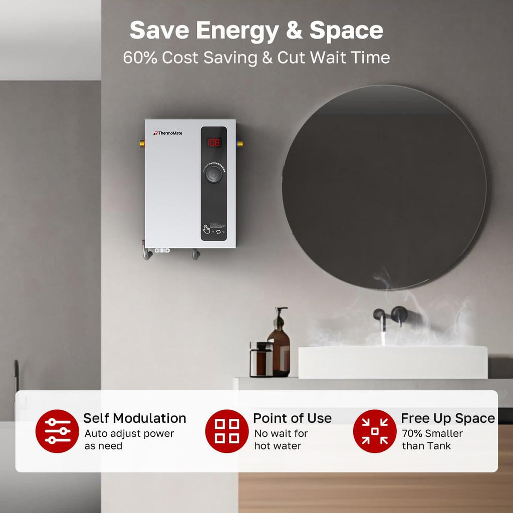 ThermoMate Tankless Water Heater Electric, 11kW 240 Volt On Demand Instant Hot Water Heater for Point of Use, Self-Modulating LED Display Knob Control, ETL Certified, 2.15GPM at 35°F Rise