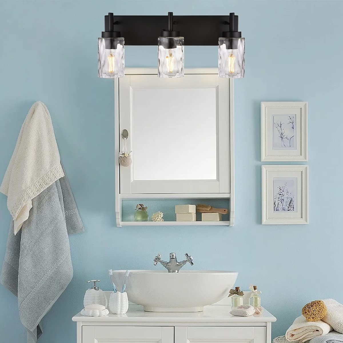BONLICHT Vanity Light Fixtures 3 Light Modern Wall Sconces Lighting Black Bathroom Lights Wall Mounted with Hammered Glass Shade,Farmhouse Wall Light for Mirror Cabinets, Powder Room, Dressing Table