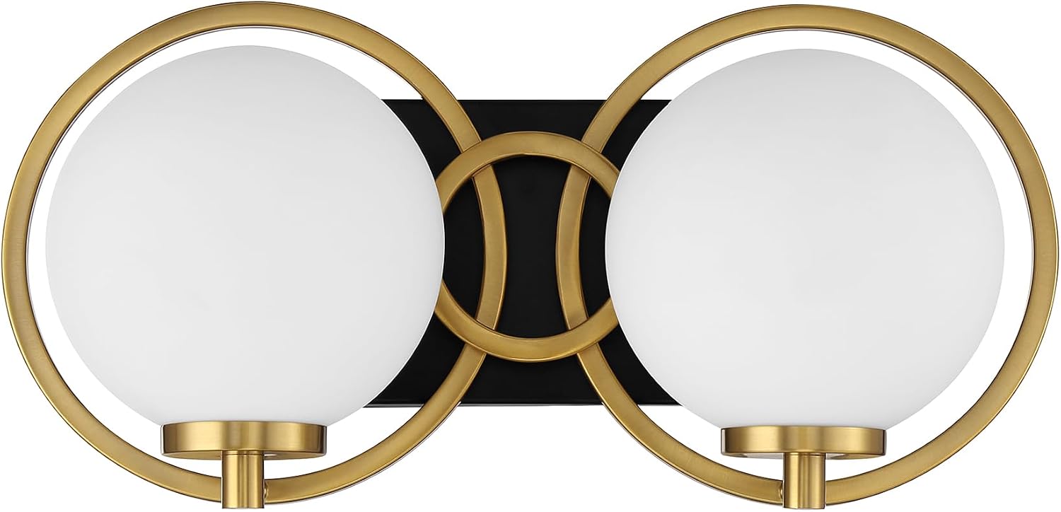 Savoy House 8-6180-2-143 Alhambra Vintage Mid-Century Modern Soft Frosted Glass Bathroom Vanity Wall Light, 2-Light 120 Total Watts, 8' H x 16' W, Matte Black with Warm Brass