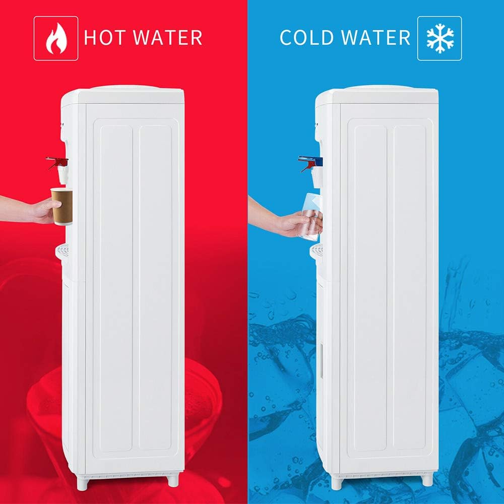 White Modern Top Loading Water Cooler Dispenser Freestanding 5 Gallon Cold Hot with Storage Cabinet Home Electric Countertop Office Plastic Stainless Steel 11.22'L x 11.42'W x 32.28'H
