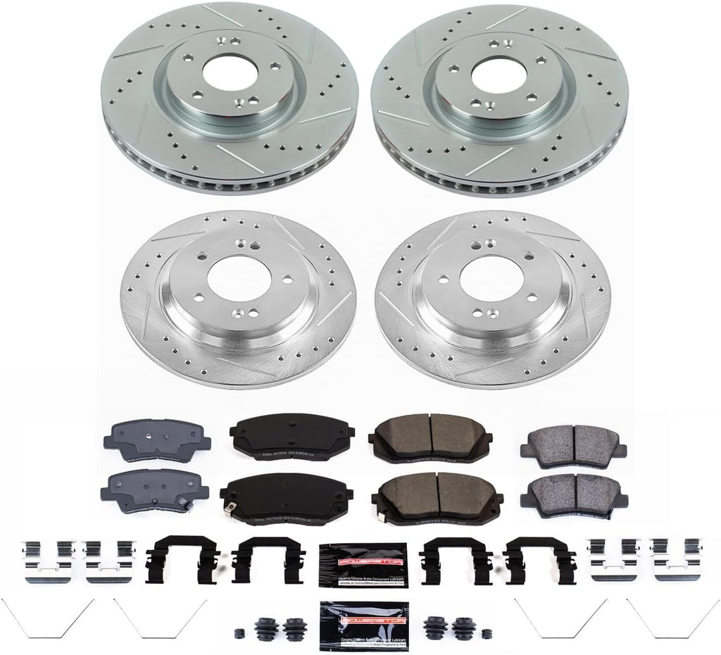 PowerStop Front and Rear Brake Kit for Kia Optima 2020 - Drilled and Slotted Disc Rotors with Carbon-Fiber Ceramic Brake Pads Replacement, K9167