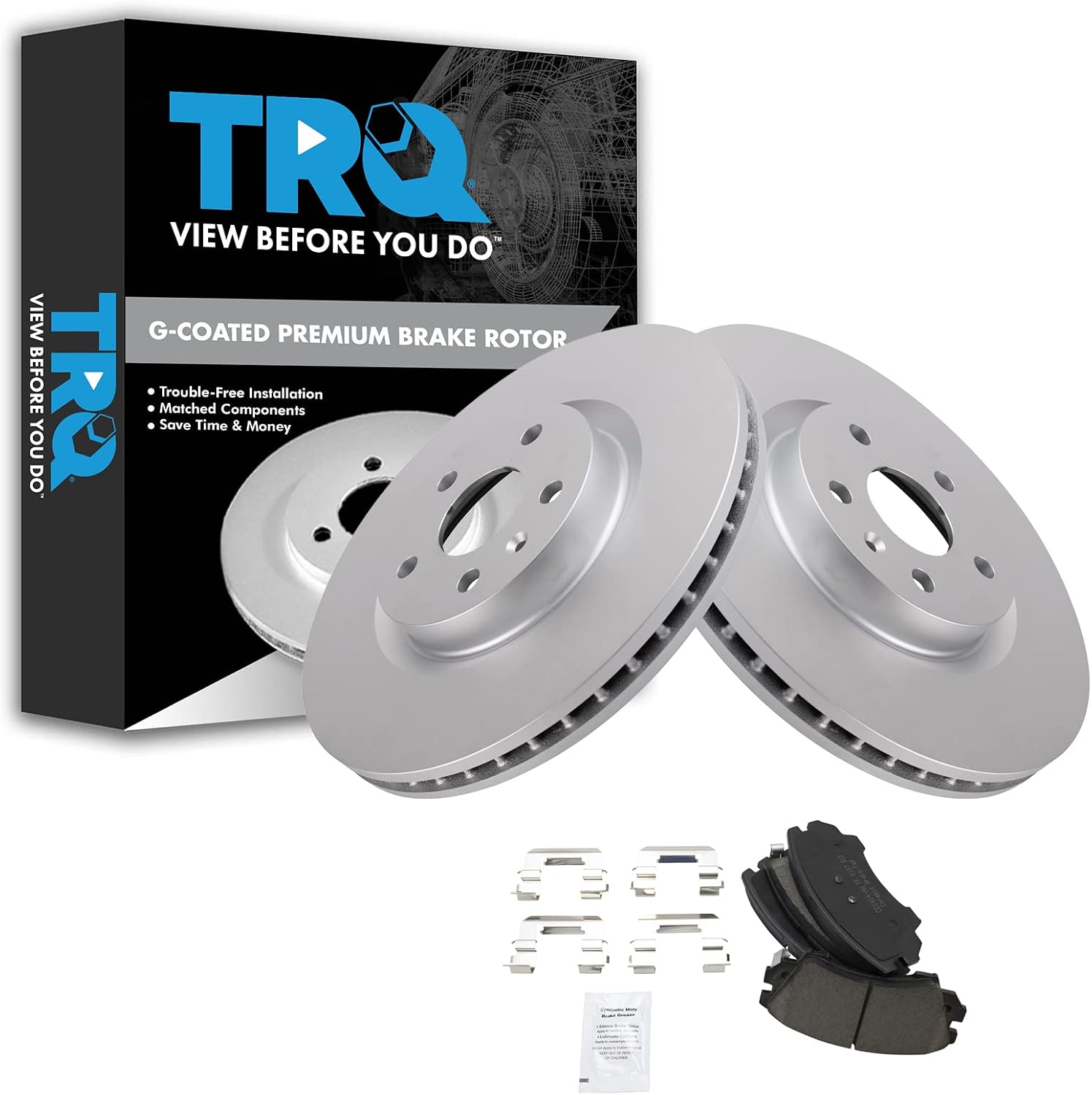 TRQ Front Brake Pad and Rotor Set Ceramic G Coated Vented Rotors Compatible with 2011-2017 Chevrolet Caprice