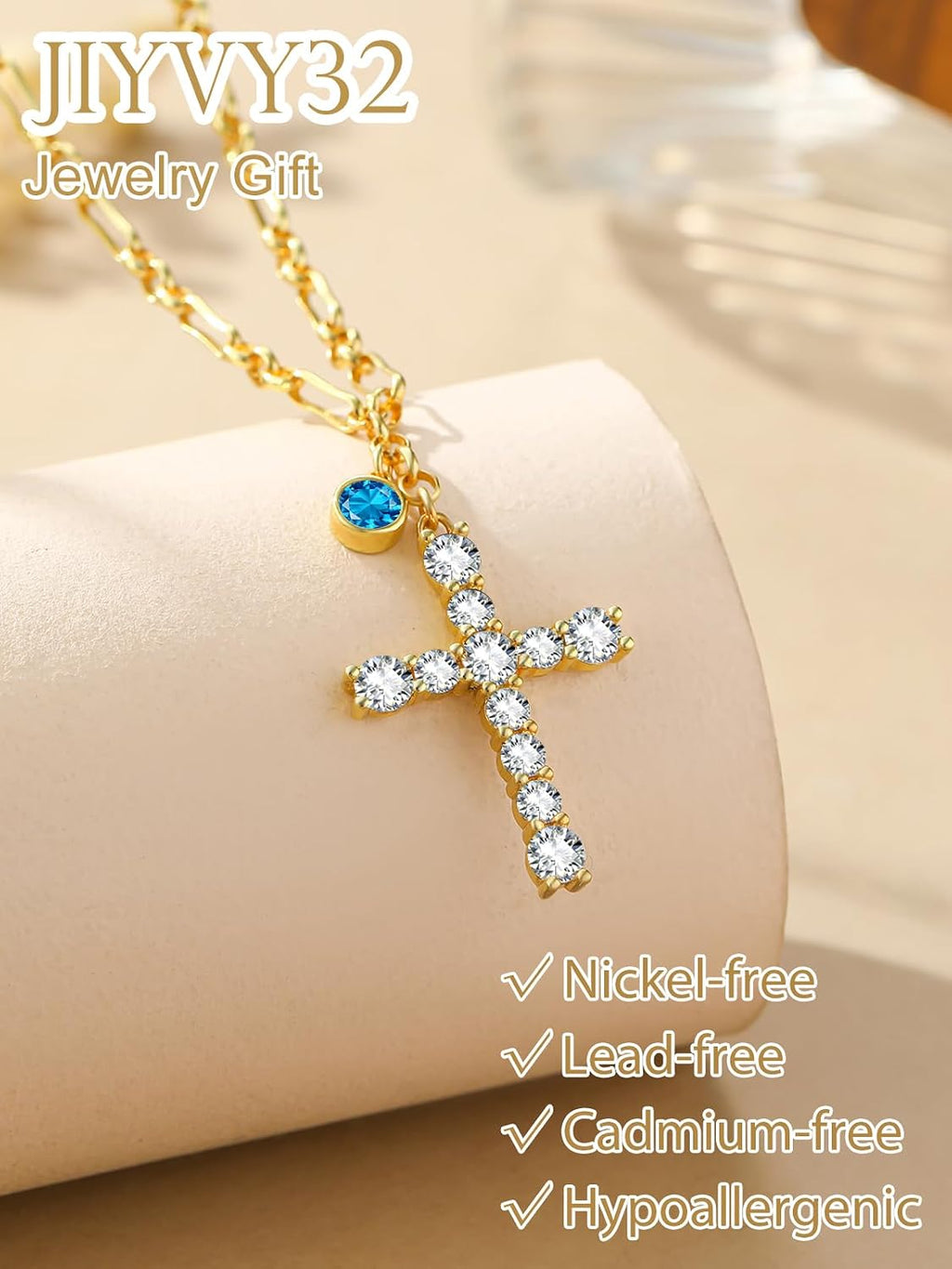 Cross Necklace for Women 14K Gold Birthstone Anniversary Birthday Gift for Wife Mom Protection Christian Jewelry Adjustable Chain