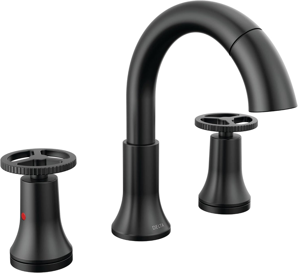 Delta Faucet Trinsic Pull Down Bathroom Faucet, Bathroom Pull Out Faucet, Black Widespread Bathroom Faucet 3 Hole Pull Down Sprayer, Bathroom Sink Faucet Magnetic Docking, Matte Black 3558-BLPD-DST