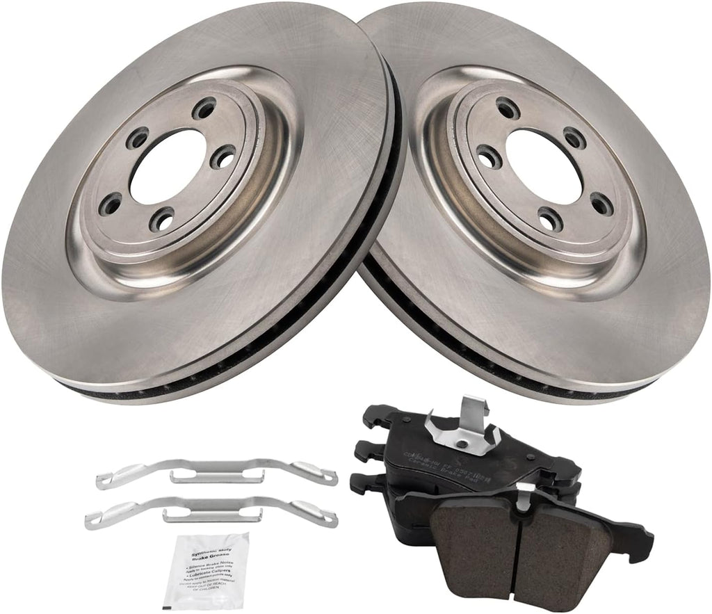 TRQ Front Brake Pad and Rotor Set Ceramic Vented Rotors Compatible with 2006-2008 Jaguar S-Type 2005-2009 Super V8 2009-2015 XF 2010-2019 XJ XJR 2010-2015 XK 2007-2009 XKR