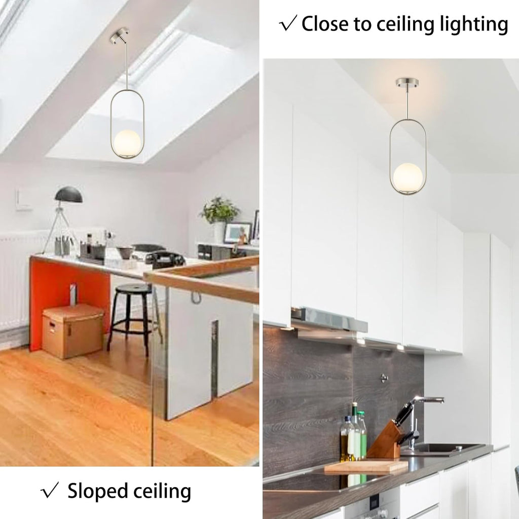 BYOLIIMA Modern Globe Pendant Light Brushed Nickel Chandelier 1-Light Mid Century Ceiling Hanging Lighting Fixture White Globe Glass Shades for Kitchen Island Dining Room Bedroom (2 Pack)