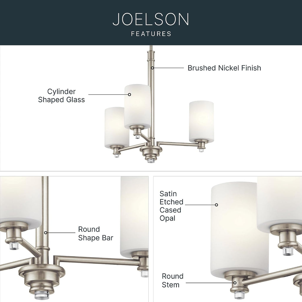 Kichler Joelson 18.5' 3 Light Mini Chandelier with Satin Etched Cased Opal and Clear Glass Accent Glass in Brushed Nickel