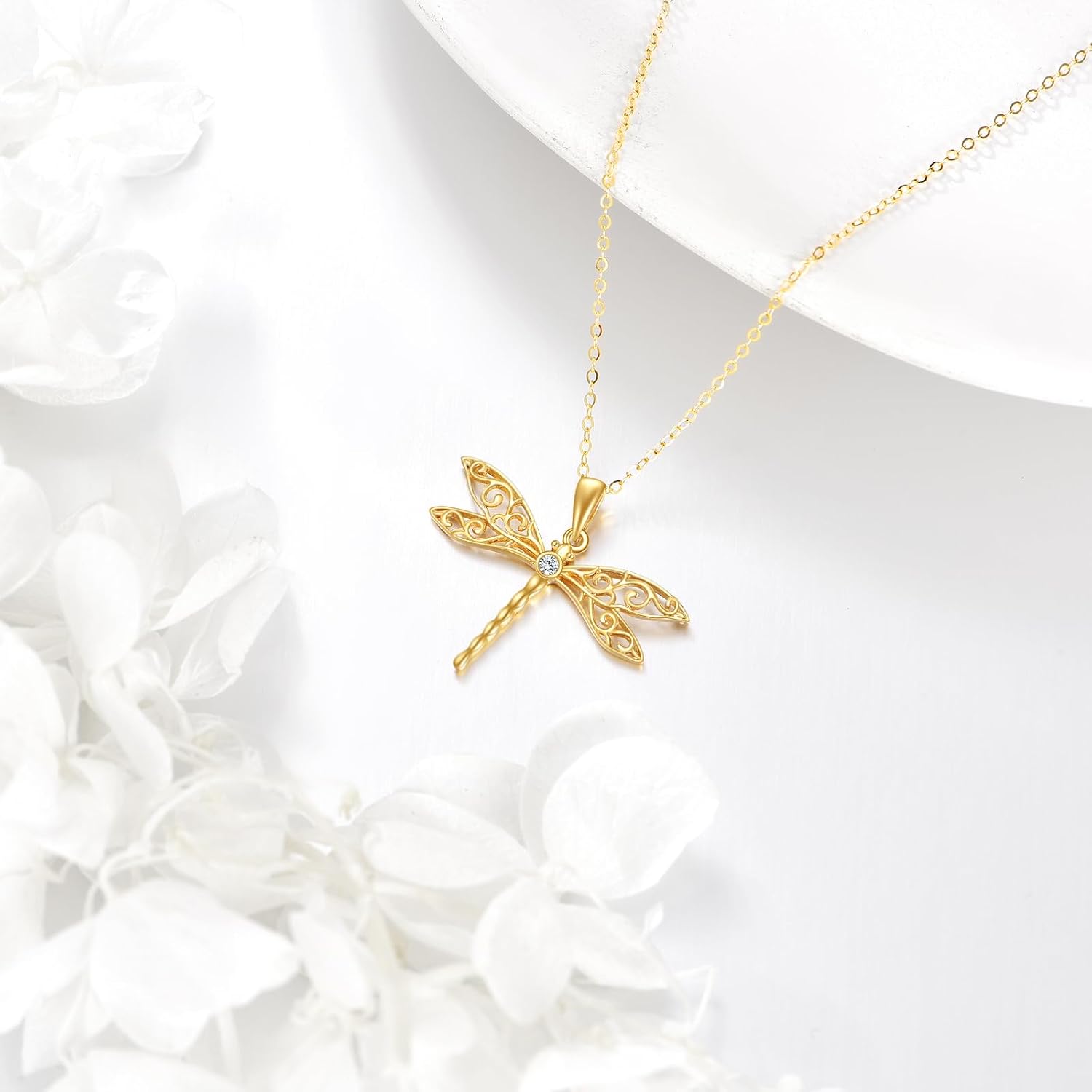 DOVRAN Real Solid Gold Birthstone Butterfly/Dragonfly/Bee/Hummingbird Necklace for Women Yellow Gold Animal Pendant for Christmas Dainty Jewelry Birthday Gifts for Mom Wife
