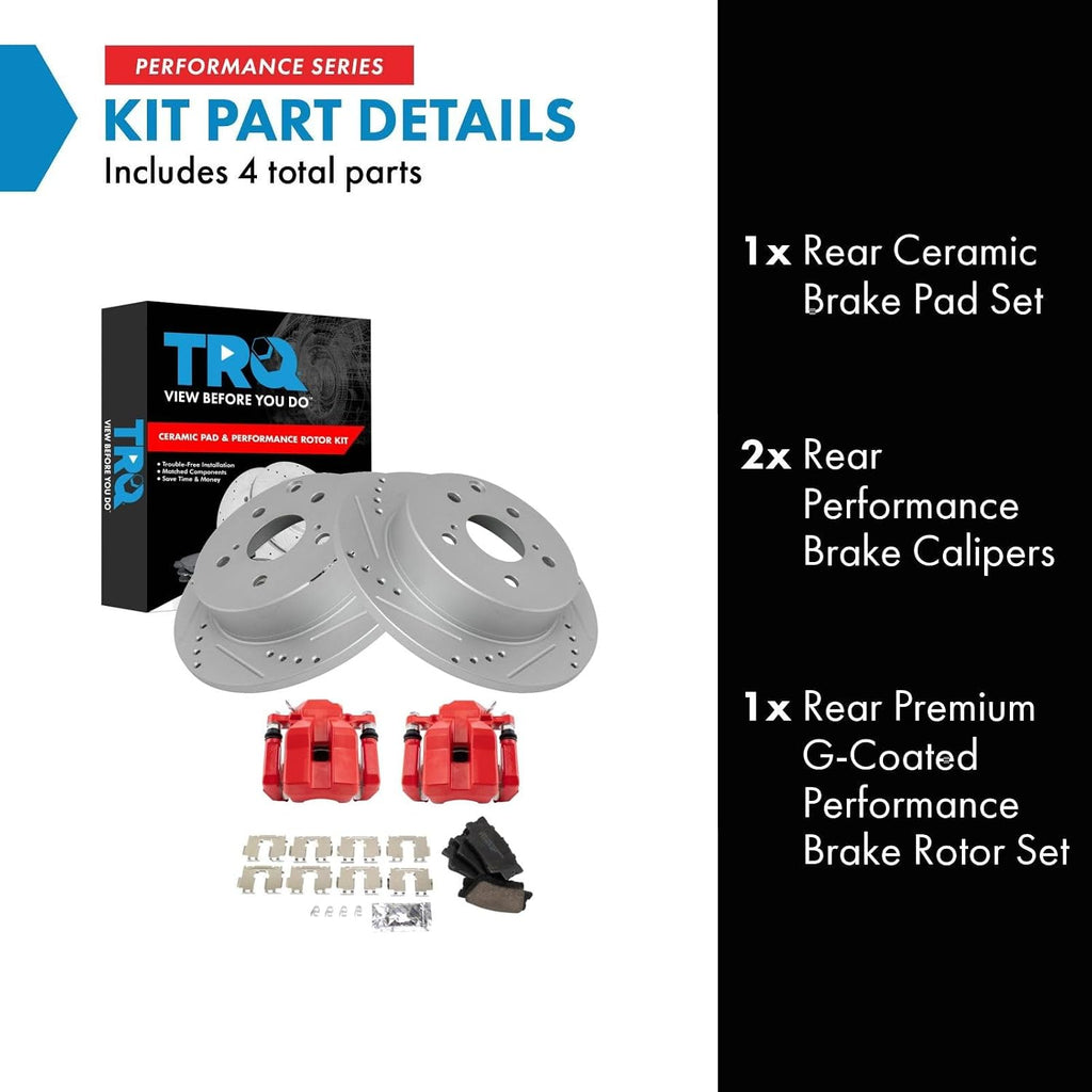 TRQ Performance Rear Brake Pad and Rotor Set Ceramic Coated Drilled Slotted Vented Rotors Calipers Red Compatible with 2006-2011 Toyota RAV4