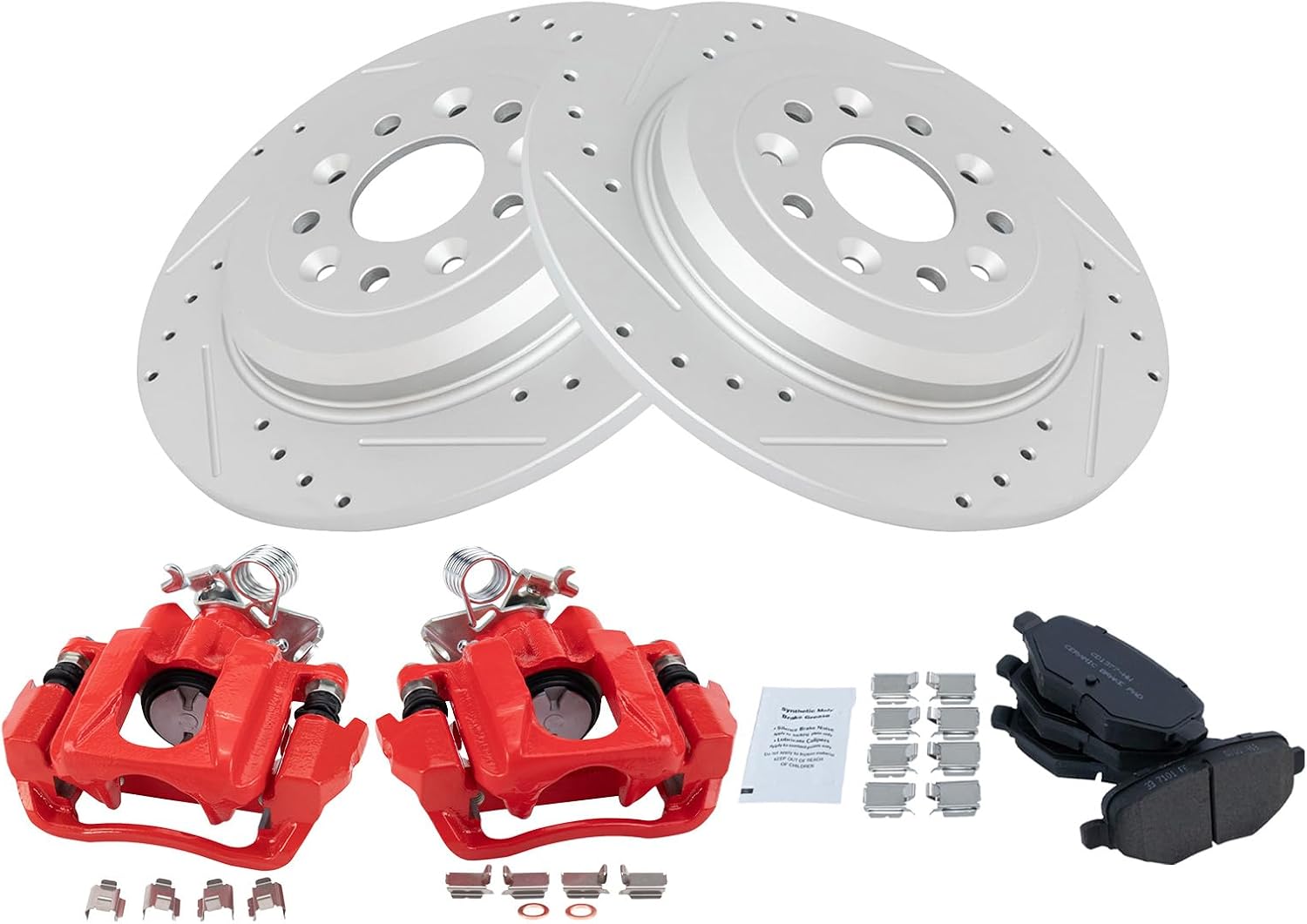 TRQ Performance Rear Brake Pad and Rotor Set Ceramic Slotted Drilled Coated Rotors Calipers Compatible with 2010-2018 Ford Explorer 2010-2012 Flex 2013-2018 Taurus 2010-2013 Lincoln MKT
