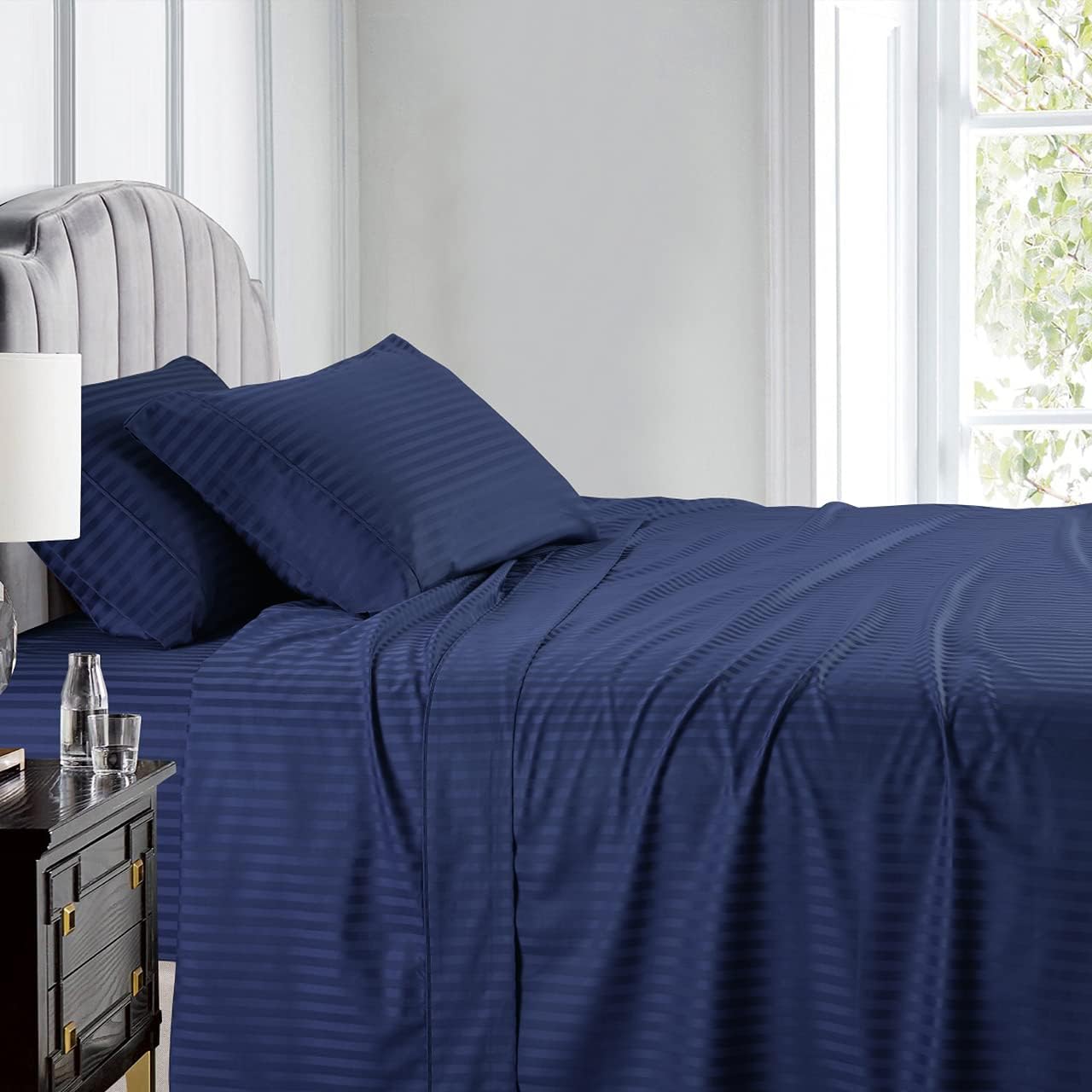 Royal Hotel Bedding Stripe Sheets - Split-Queen: Adjustable Queen Bed Sheets - 5PC Bed Sheet Set - 100% Cotton - 600 Thread Count - Deep Pocket, Split Queen, Navy