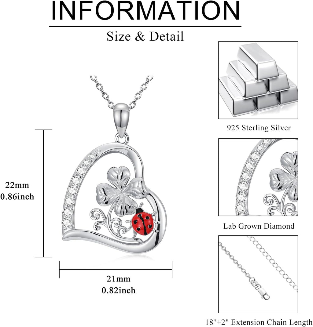Diamond Ladybug Necklace for Women 925 Sterling Silver Ladybug Four Leaf Clover Pendant Necklace with Lab Grown Diamonds Cute Jewelry Anniversary Valentine's Day Christmas Gifts for Her