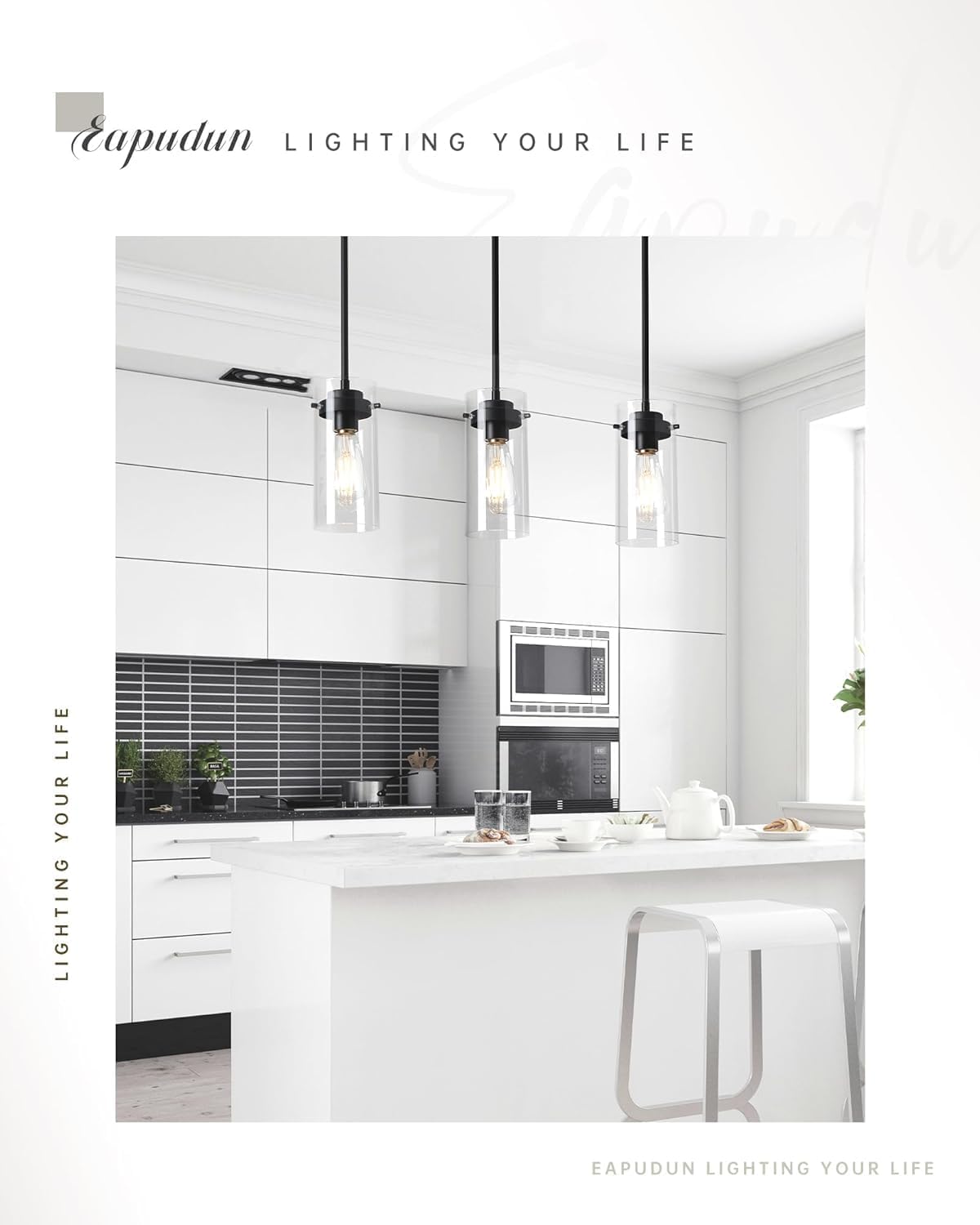 EAPUDUN Pendant Lights Kitchen Island (3 Pack), Clear Glass Shade Kitchen Lighting fixtures Ceiling Hanging, Black Pendant Lights for Kitchen Island,Dining Room,Corridor Bedroom E26 Base