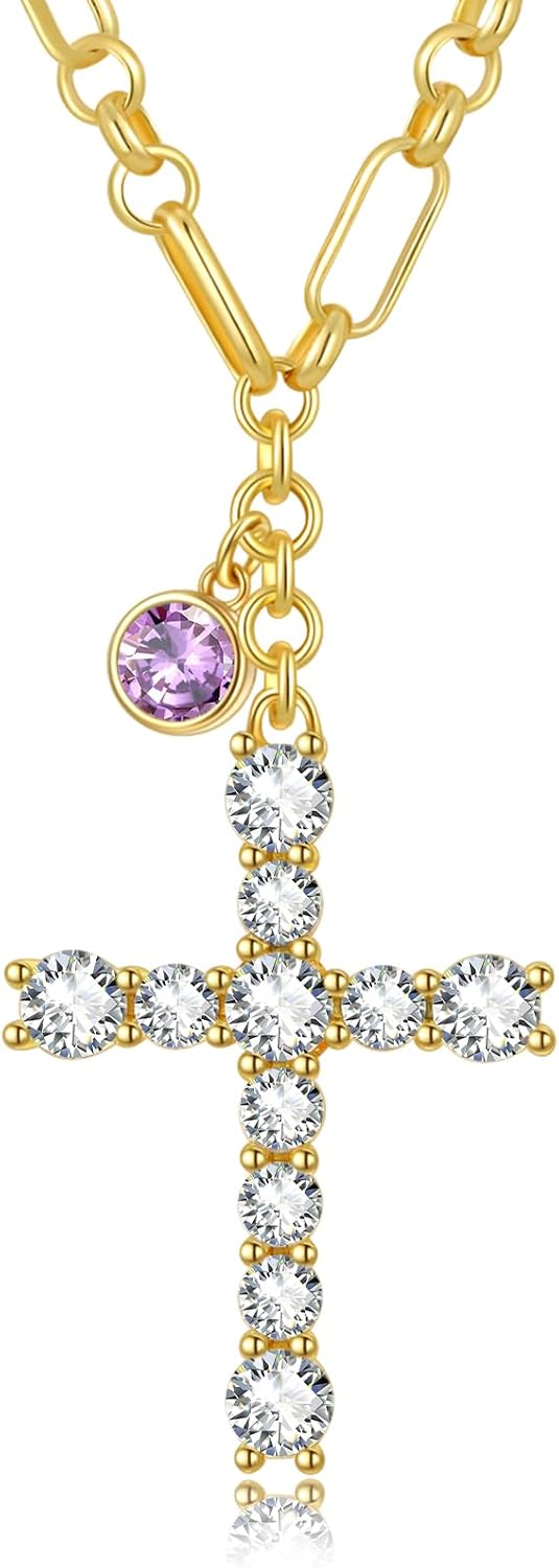 Cross Necklace for Women 14K Gold Birthstone Anniversary Birthday Gift for Wife Mom Protection Christian Jewelry Adjustable Chain