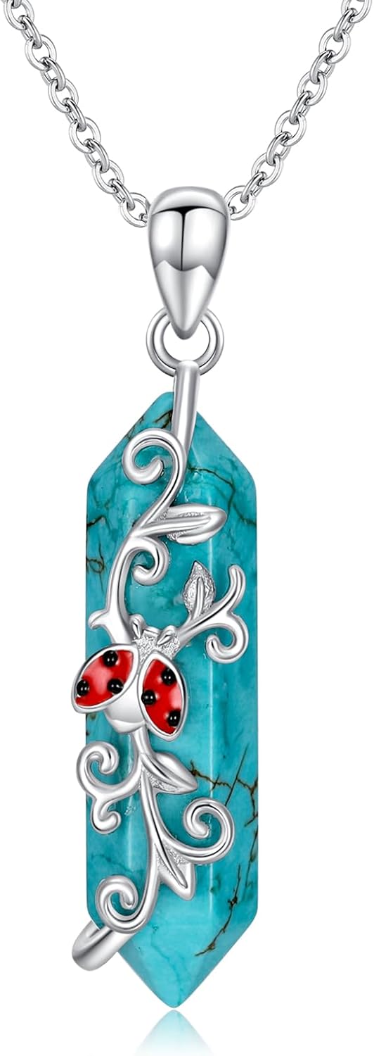 Natural Turquoise Ladybug Necklace for Women 925 Sterling Silver Ladybug Pendant Necklace with Genuine Turquoise Jewelry Gifts
