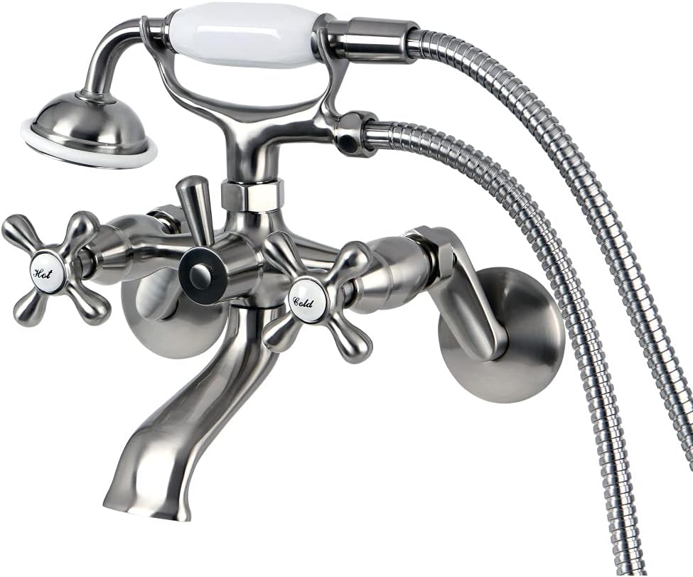 Kingston Brass KS266SN Clawfoot Tub Faucet with Hand Shower, Adjustable 6 in. Centers, Brushed Nickel, 7‑3/16 in. Reach