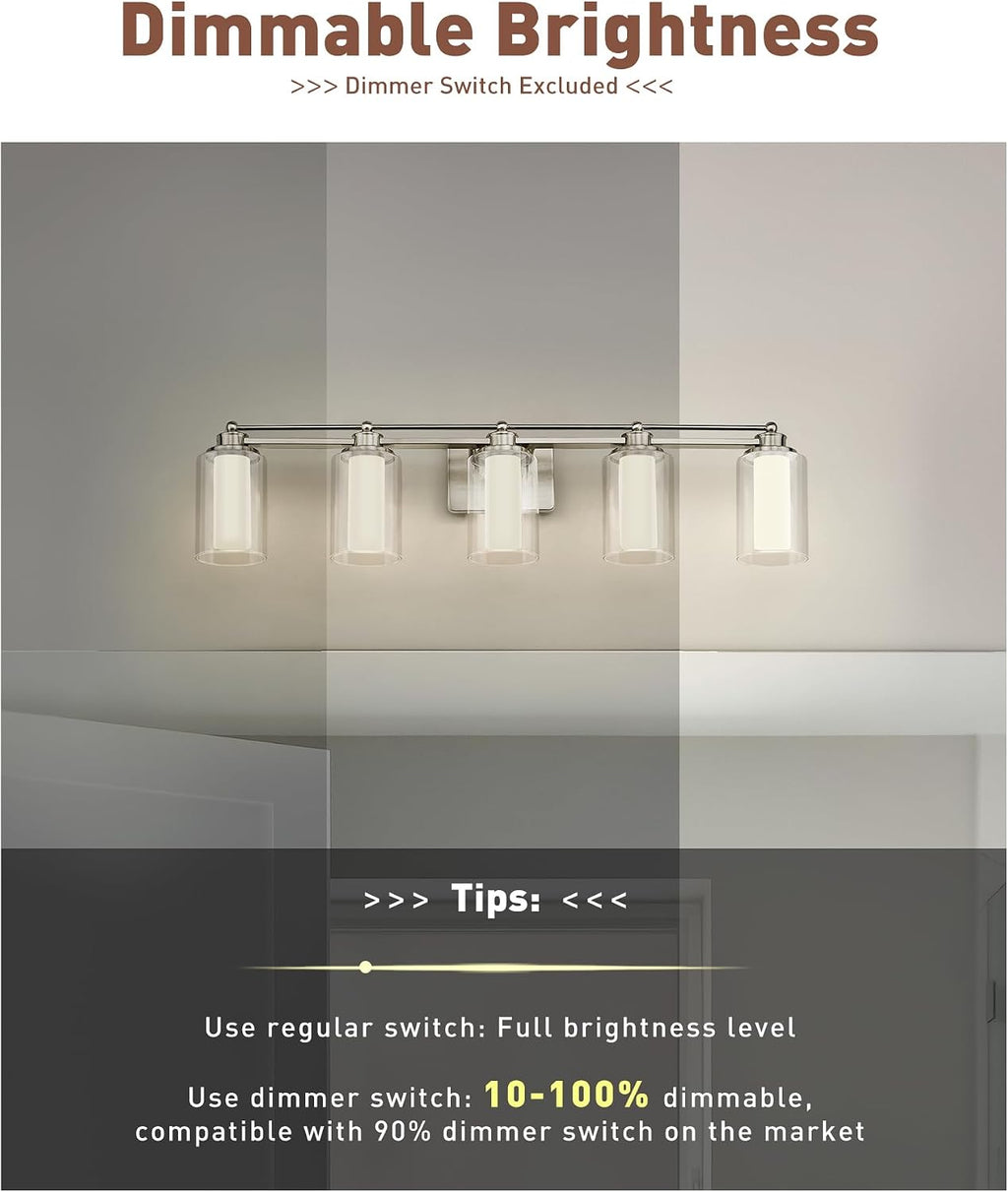 5 Light Bathroom Vanity Light, HWH Brushed Nickel Vanity Lights, Wall Mount Vanity Light Over Mirror, 30W 5CCT Dimmable LED Vanity Lights for Bathroom, 5HLT63B-5W-LED BN