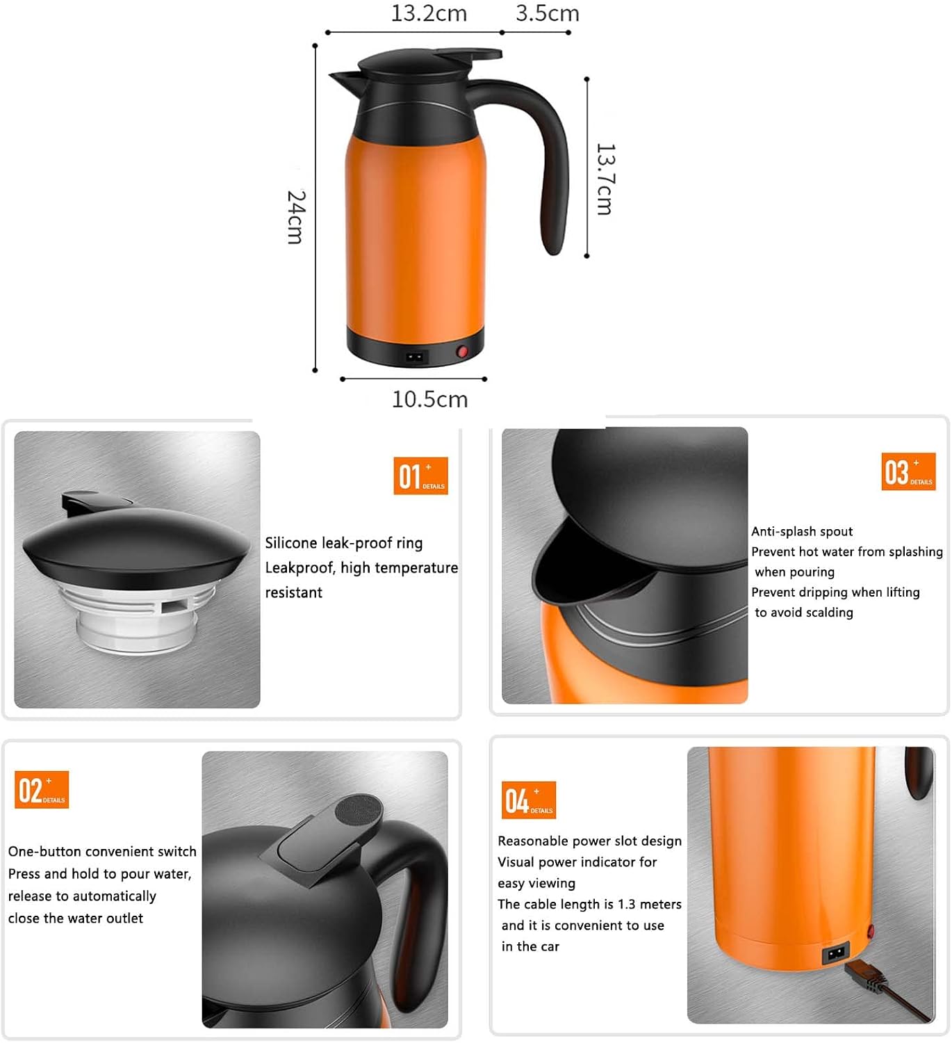 Electric Camping Kettle - 1000ml Hot Water Dispenser with Temperature Control, Anti-Scald Handle, Silicone Leakproof Design for 12V/24V Outdoor Car Use.