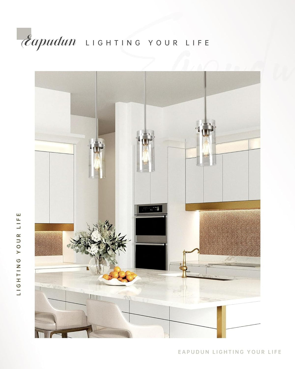 EAPUDUN Pendant Lights Kitchen Island (3 Pack), Clear Glass Shade Kitchen Lighting fixtures Ceiling Hanging, Brushed Nickel Light for Kitchen Island,Dining Room,Corridor Bedroom E26 Base