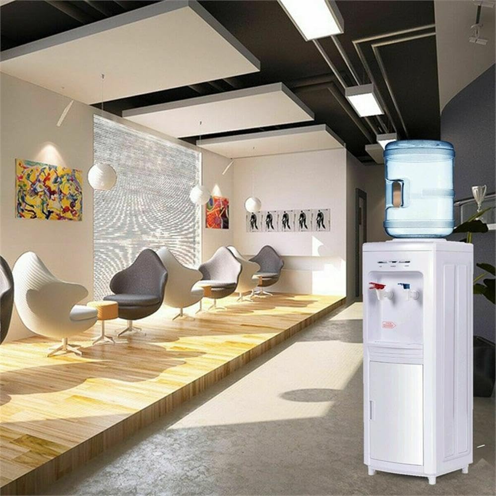 Pemberly Row Electric Water Dispenser, 5 Gallon Bottle Capacity, White Plastic, 11.8'x11.0'x31.5', Child Safety Lock, LED Indicator, Storage Cabinet, Top Load Design for Home or Office Use