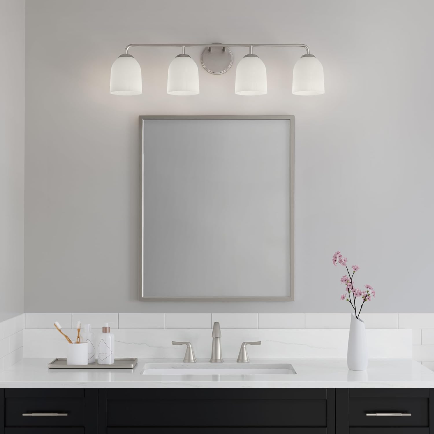 ML Lighting | Norah Collection | 22304-BN | Indoor 4 Light Vanity in Brushed Nickel with Opal Ribbed Glass Shade | Elegant and Versatile Design for Any Bathroom