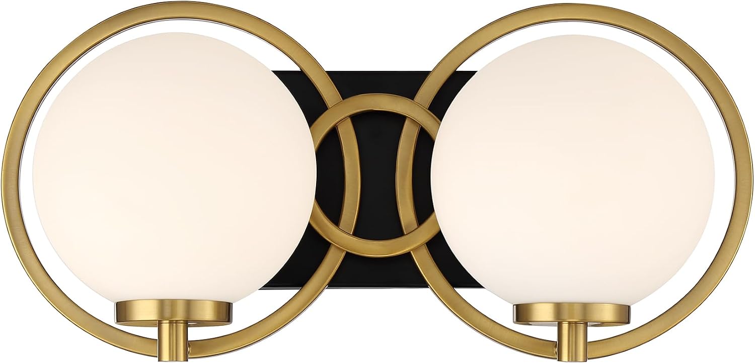 Savoy House 8-6180-2-143 Alhambra Vintage Mid-Century Modern Soft Frosted Glass Bathroom Vanity Wall Light, 2-Light 120 Total Watts, 8' H x 16' W, Matte Black with Warm Brass