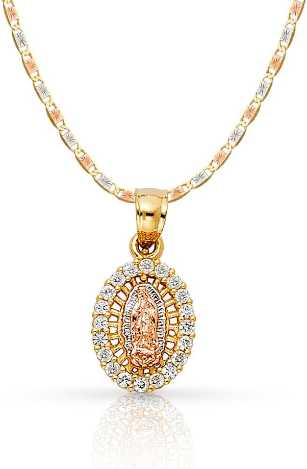 Ioka 14K Yellow Gold Our Lady of Guadalupe Cubic Zirconia CZ Charm Pendant with 1.5mm Valentino Chain Necklace