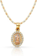 Ioka 14K Yellow Gold Our Lady of Guadalupe Cubic Zirconia CZ Charm Pendant with 1.5mm Valentino Chain Necklace