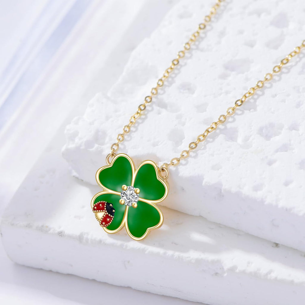 Aihpos Four Leaf Clover Necklace for Women 14K Solid Gold Green Lucky 4 Leaf Clover Necklace Ladybug Necklace