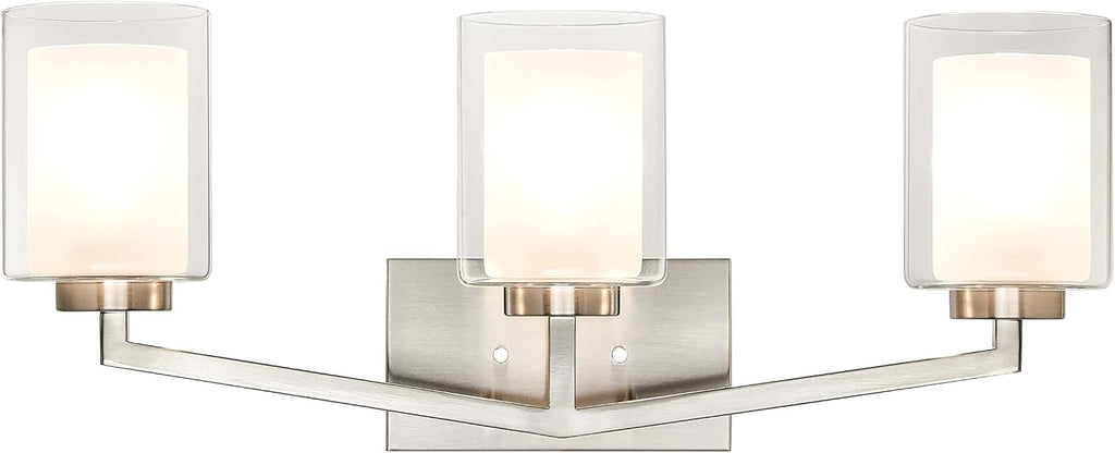 XiNBEi Lighting Brushed Nickel Bathroom Vanity Light, Modern 3-Light Bathroom Light Fixture with Dual Glass Shade Iron Wall Sconce Lighting Over Mirror XB-W1294-3-BN