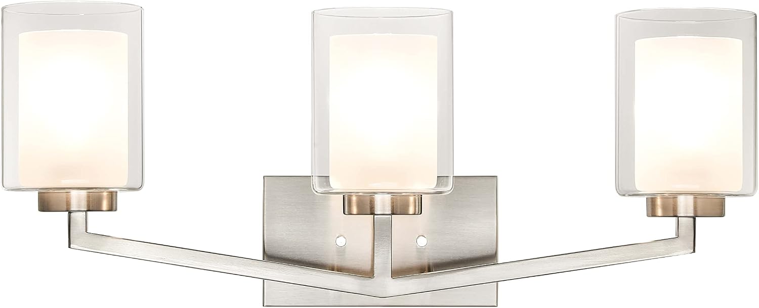 XiNBEi Lighting Brushed Nickel Bathroom Vanity Light, Modern 3-Light Bathroom Light Fixture with Dual Glass Shade Iron Wall Sconce Lighting Over Mirror XB-W1294-3-BN