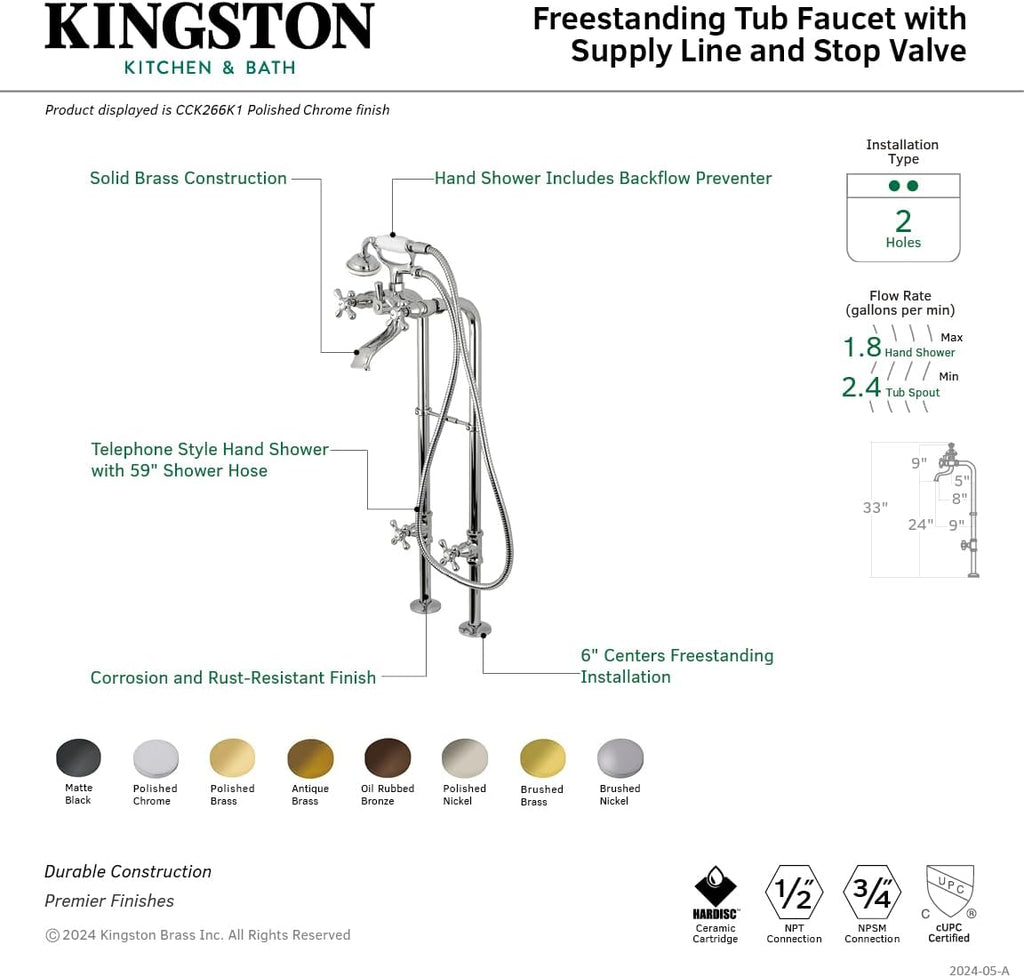 Kingston Brass CCK266K8 Kingston Freestanding Tub Faucet with Supply Line and Stop Valve, Brushed Nickel