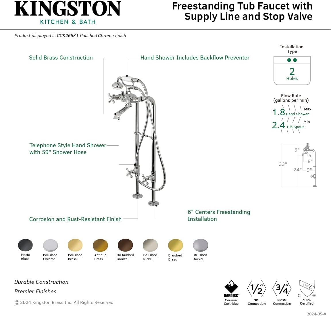 Kingston Brass CCK266K8 Kingston Freestanding Tub Faucet with Supply Line and Stop Valve, Brushed Nickel