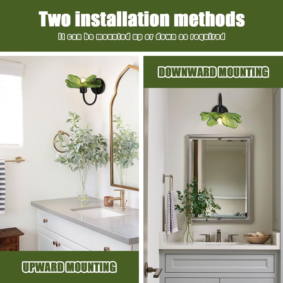 Matte Black Vanity Lighting Fixture Bathroom Wall Sconce Set of 2 Vintage Wall Sconce Lights Wall Lamp with Green Glass Shade Bathroom Vanity Light Over Mirror for Bedroom Hallway Living Room