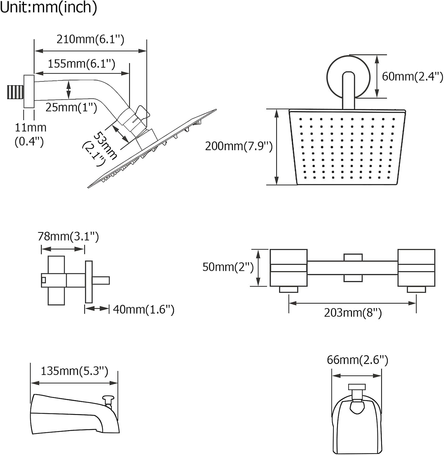 2 Handle Shower Faucet Set with Tub Spout Two Handles Tub Shower Faucet Set Bathtub Shower Faucet Combo Matte Black